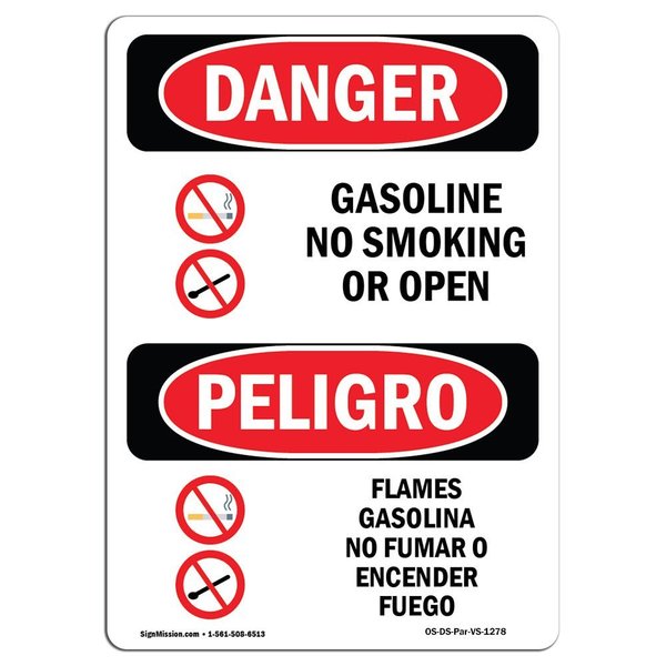 Signmission OSHA Sign, Gasoline No Smoking Or Open Flames Bilingual, 14in X 10in Decal, 10" W, 14" L, Spanish OS-DS-D-1014-VS-1278